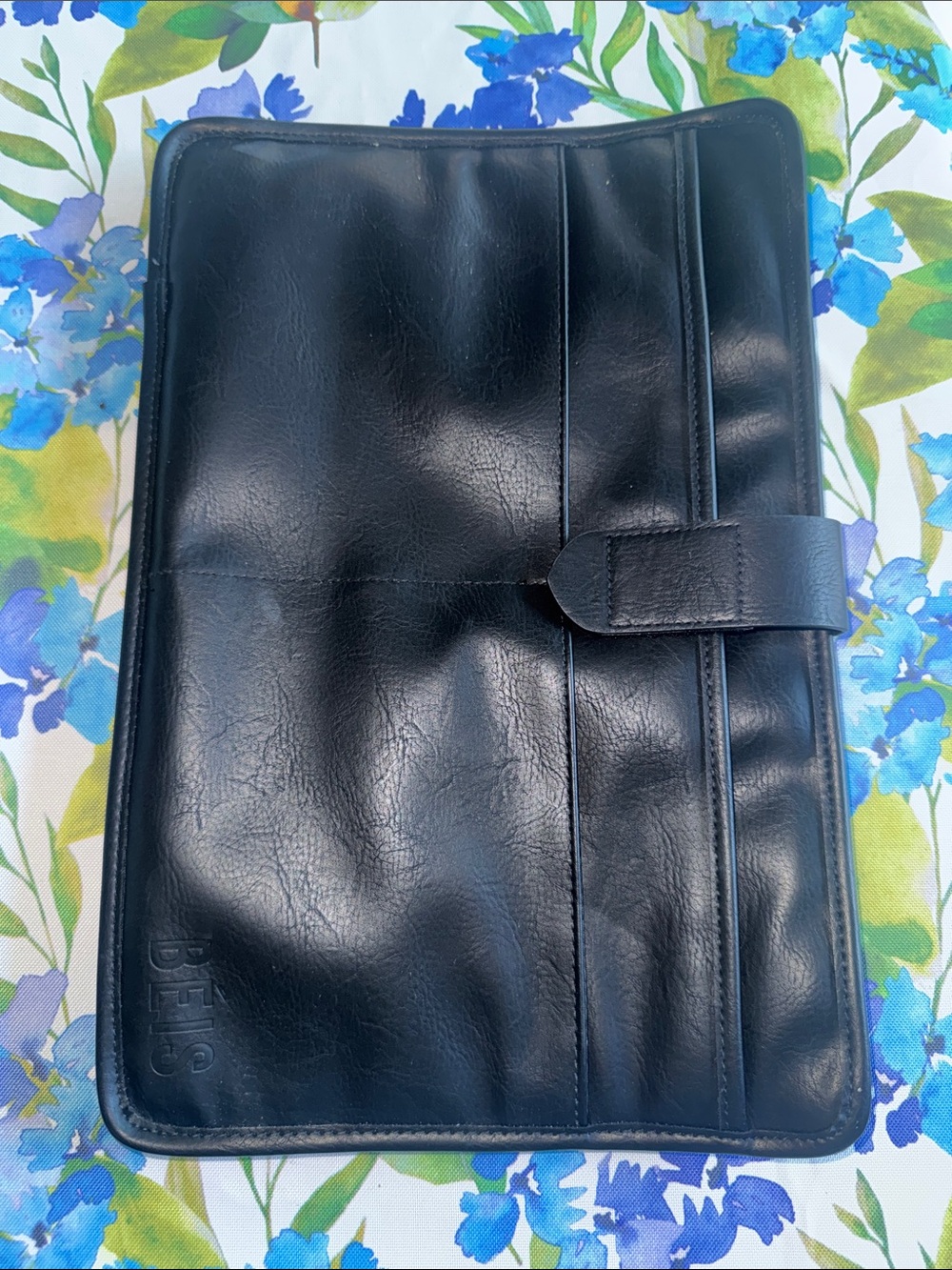 BEIS Black Leather Laptop Portfolio with Snap Strap